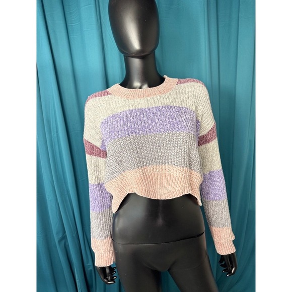 Luv Lane Sweaters - Luv Lane Chenille Striped Cropped Sweater Purple Pink Grey Small